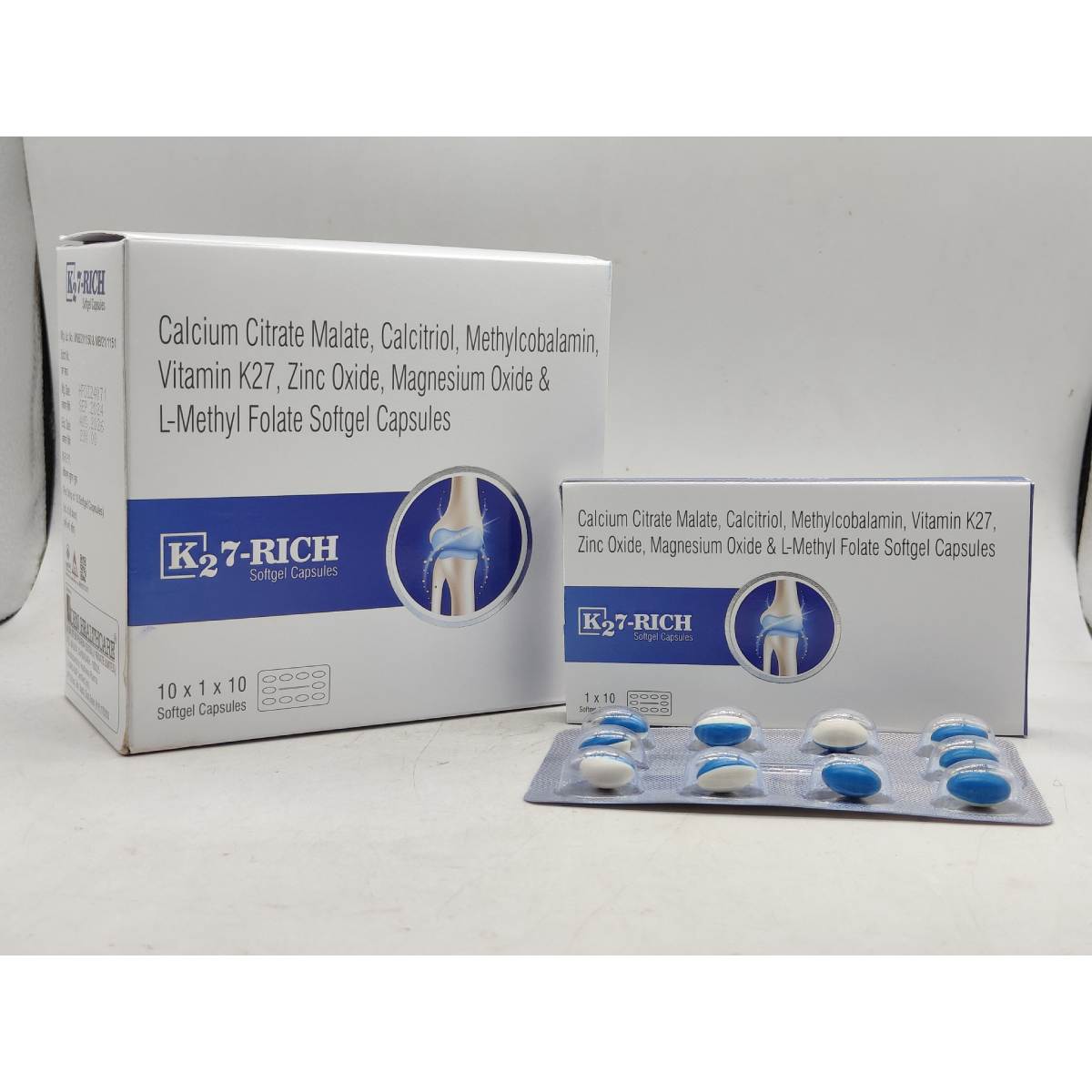 Calcium Citrate Malate, Calcitriol, Methylcobalamin, Vitamin K2-7, Zinc Oxide, Magnesium Oxide & L-Methyl Folate Softgel Capsules K2 7-RICH